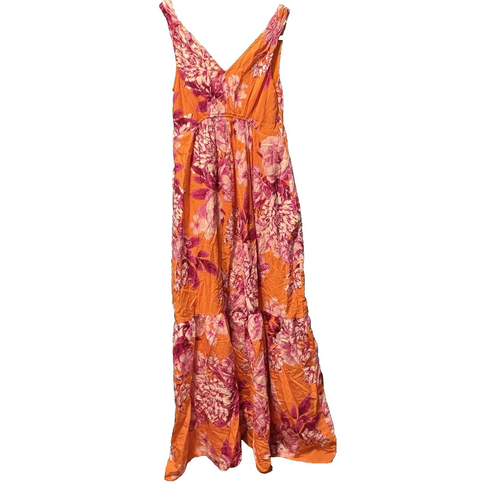 Anthropologie‎ Maxi Dress XS Gathered Floral Orange V Neck Pockets Tiered Skirt
